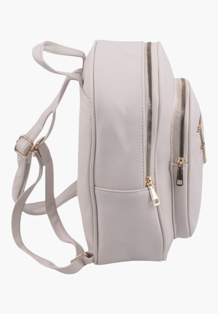 Falio beige urban backpack made of eco-leather with side view showing zippers and adjustable straps