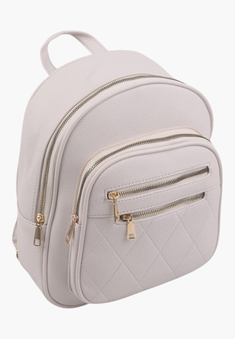 Falio beige urban backpack made of eco-leather with quilted front pocket, gold zippers, and multiple compartments.