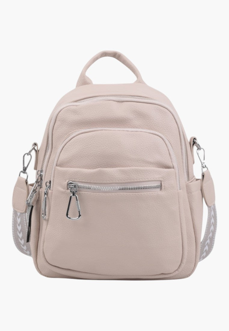 Falio beige urban backpack made of eco-leather with multiple zippered pockets and patterned shoulder straps