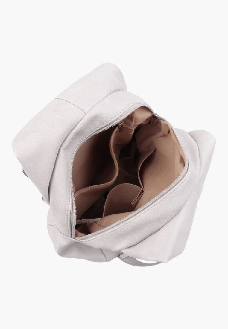 Falio beige faux leather urban backpack with open main compartment showing internal pockets and lining