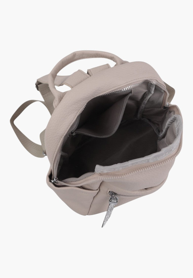 Falio beige faux leather urban backpack with open main compartment, interior pockets, and silver zipper closure