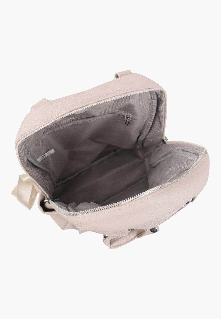 Falio beige faux leather urban backpack with open zippered main compartment and internal pockets