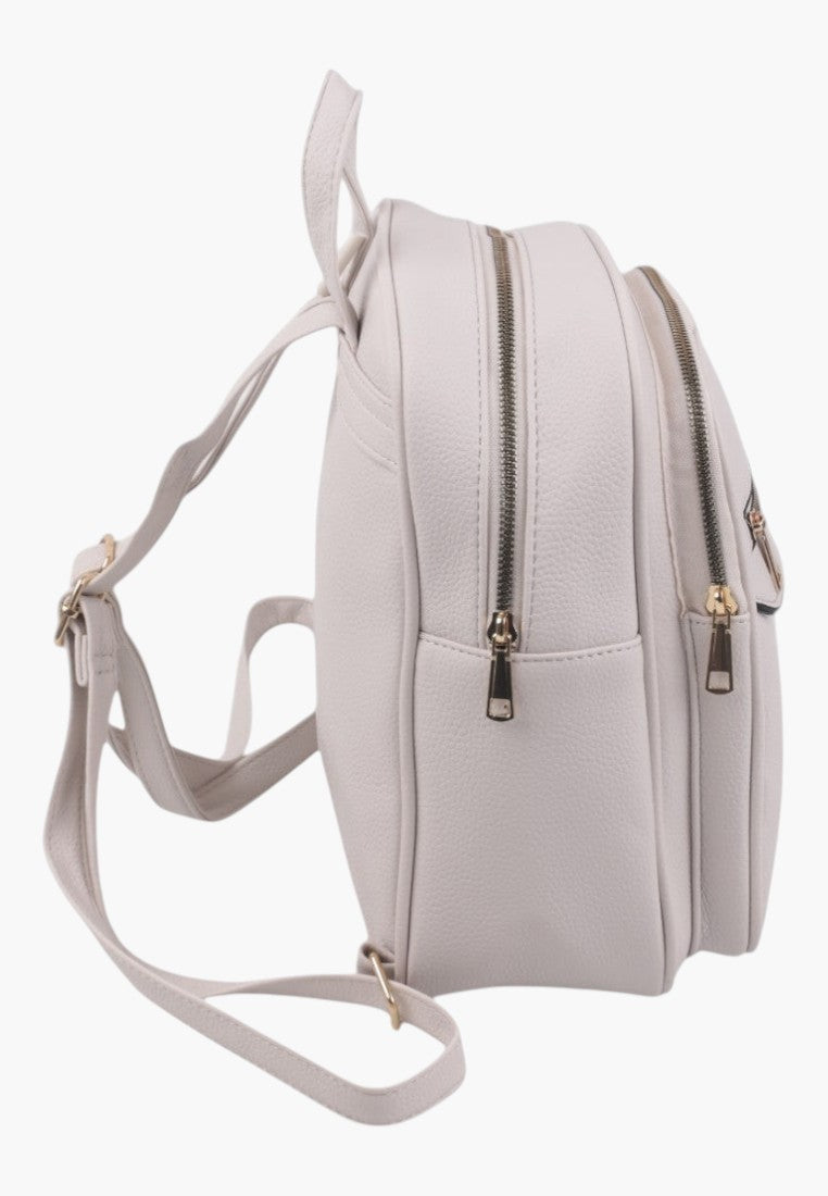 Falio beige faux leather urban backpack with side view showing zippered compartments and adjustable straps