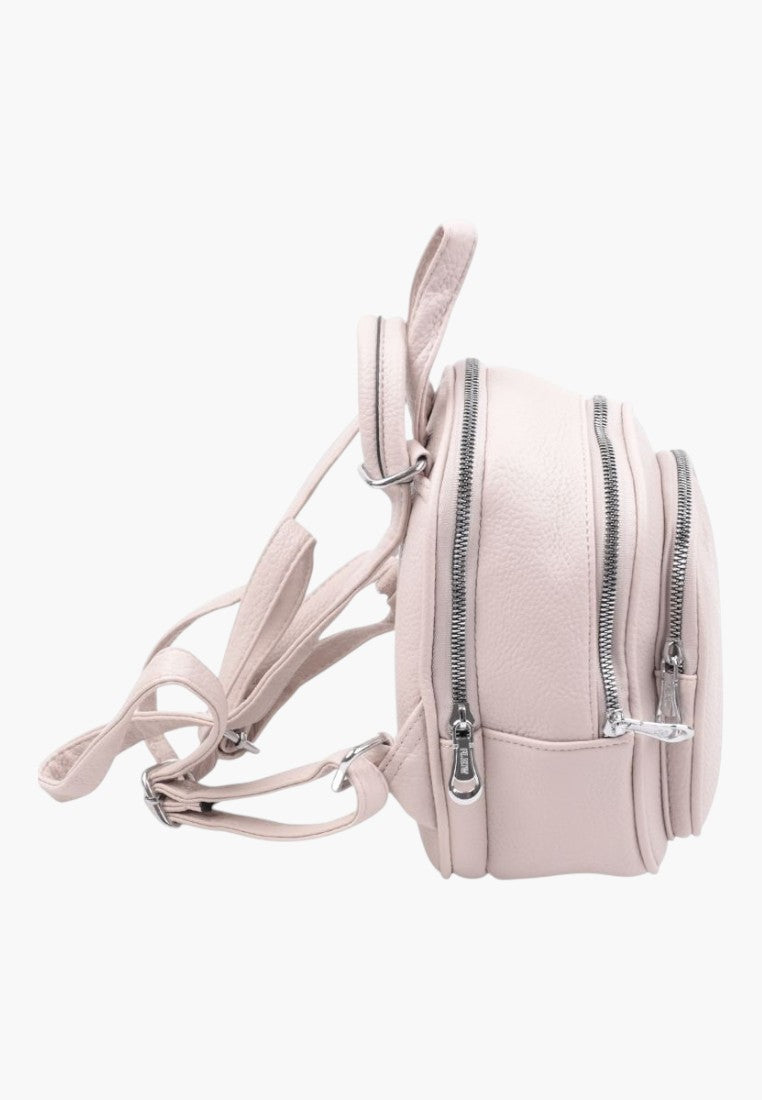 Falio beige faux leather urban backpack with two zippered compartments and adjustable straps, side view