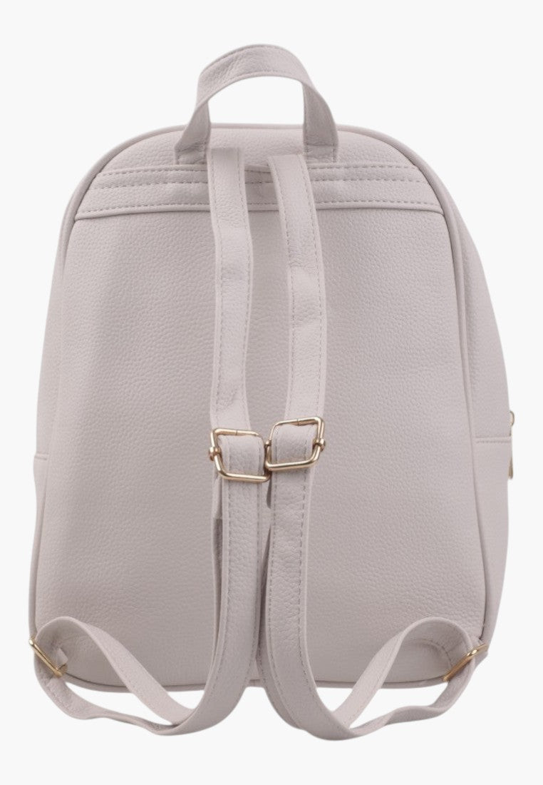 Falio beige faux leather urban backpack with adjustable straps and gold-tone hardware, back view.