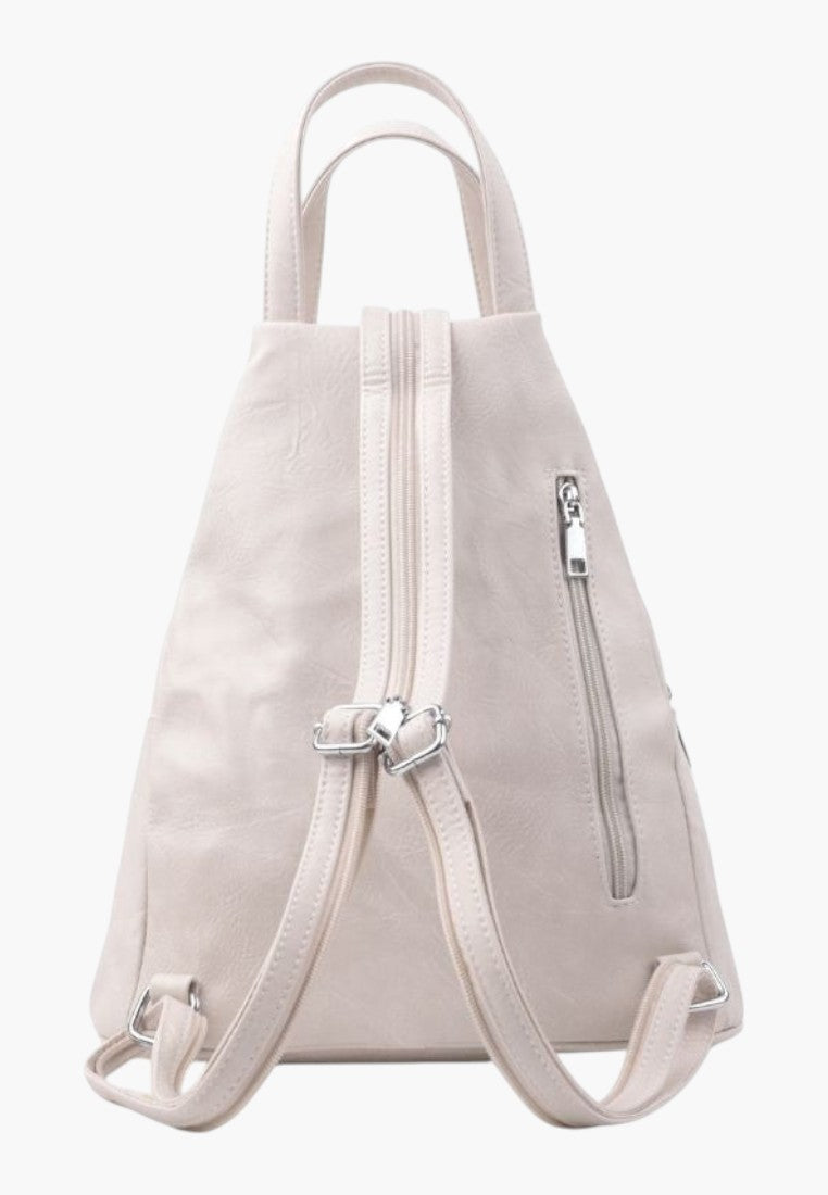 Falio beige faux leather A4 urban backpack with adjustable straps and zippered pockets, back view
