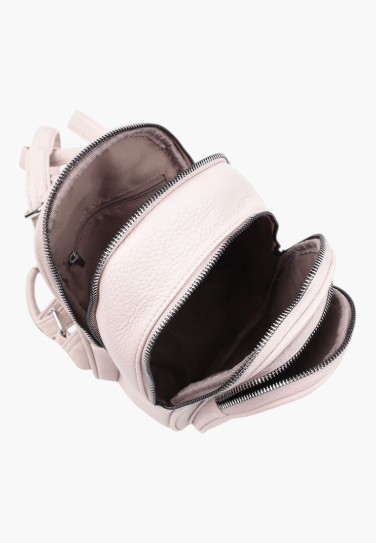 Falio beige faux leather urban backpack with two zippered compartments and silver hardware