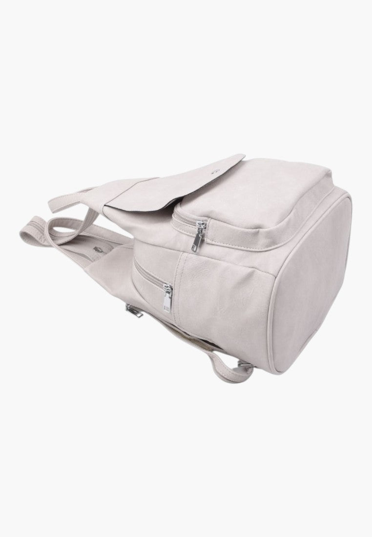 Falio beige faux leather urban backpack with multiple zippered pockets and A4 capacity for daily use