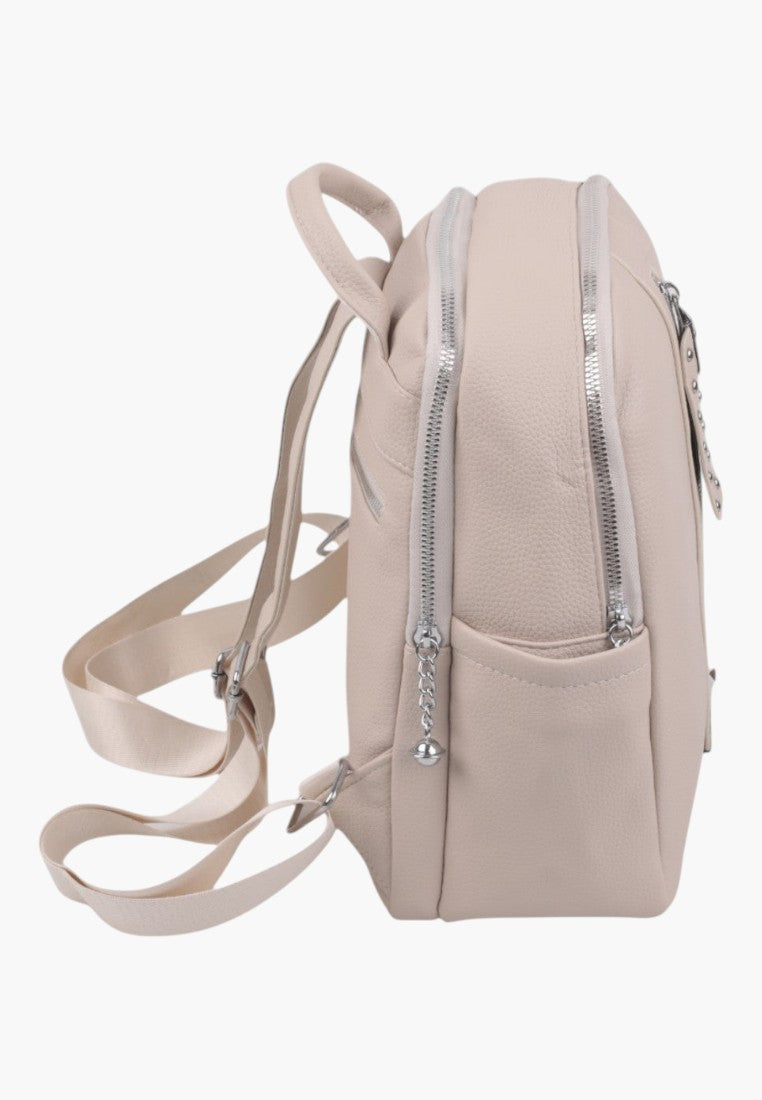 Falio beige faux leather urban backpack with side view, silver zippers, and adjustable straps for daily use