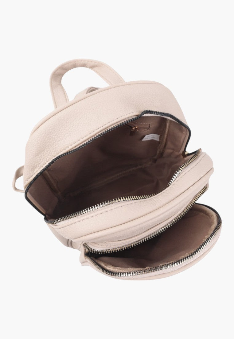 Falio small beige faux leather backpack with multiple zippered compartments and a top handle