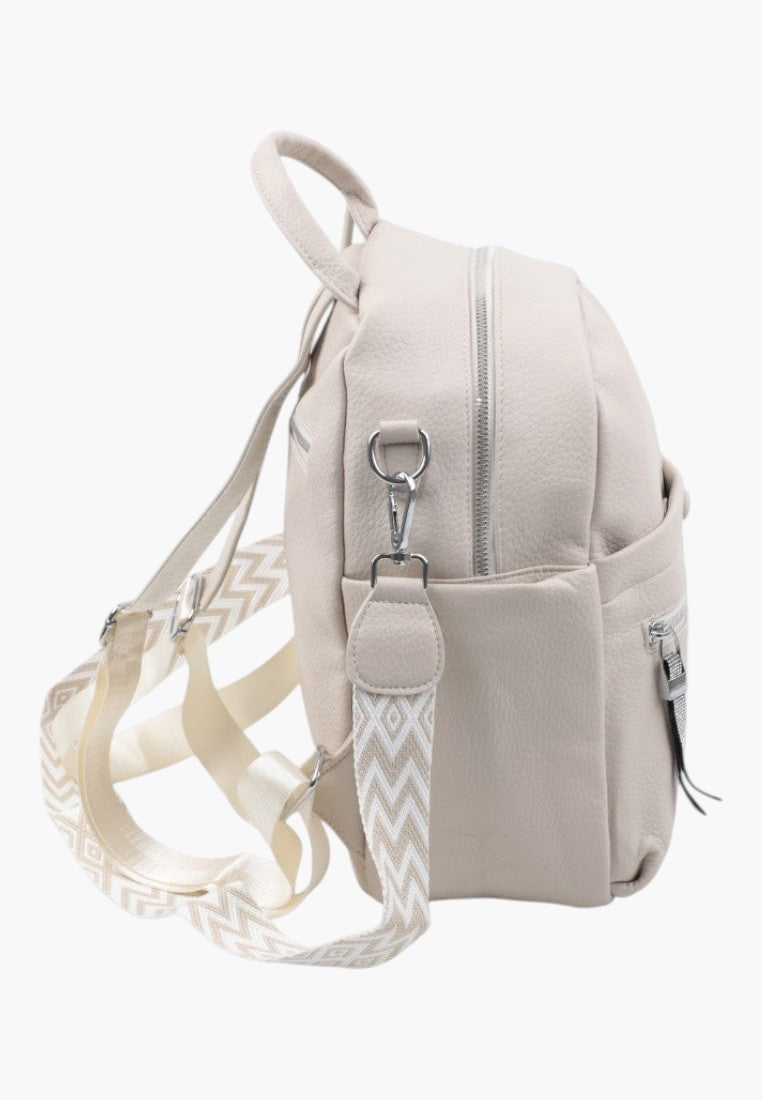 Falio beige faux leather urban backpack with patterned straps and multiple zippered pockets, side view