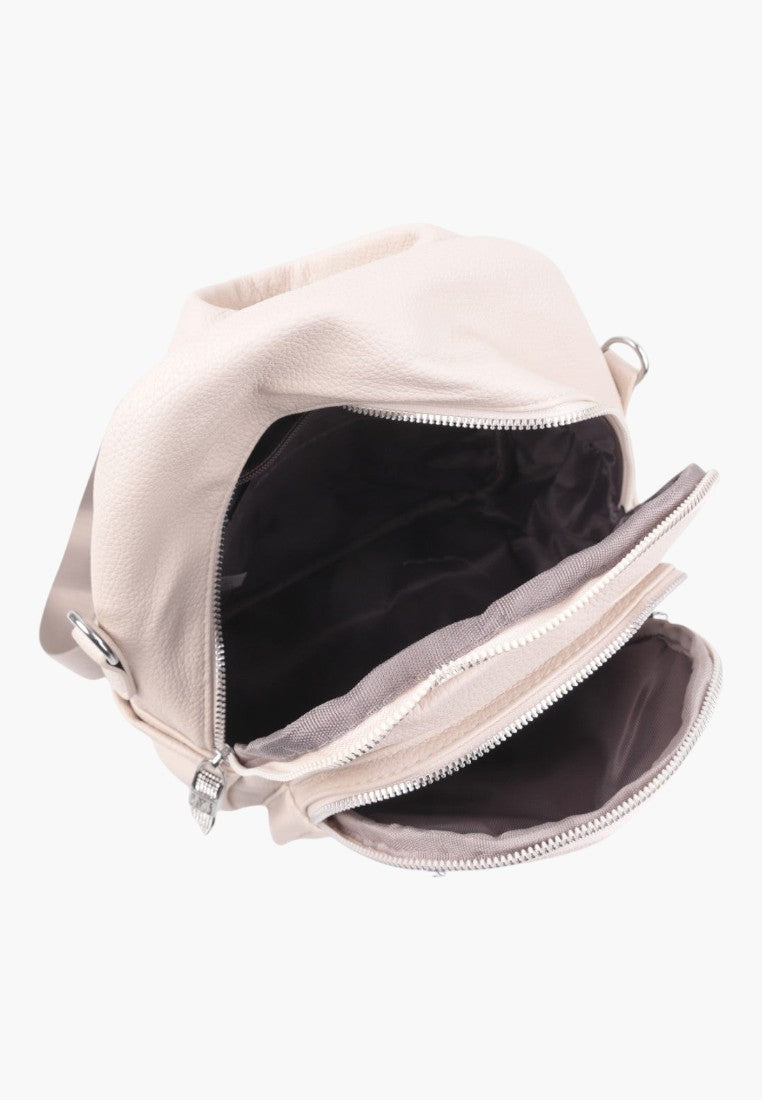 Falio beige faux leather urban backpack with multiple zippered compartments and dark lining