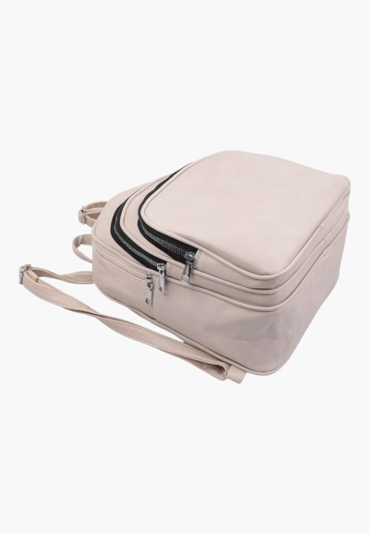 Falio beige faux leather urban backpack with multiple zippered compartments and adjustable straps