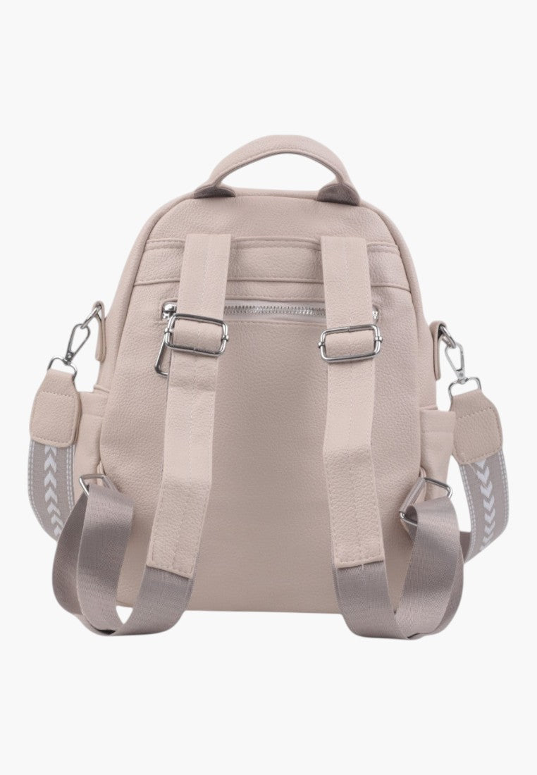 Falio beige faux leather urban backpack with adjustable patterned straps and back zipper pocket
