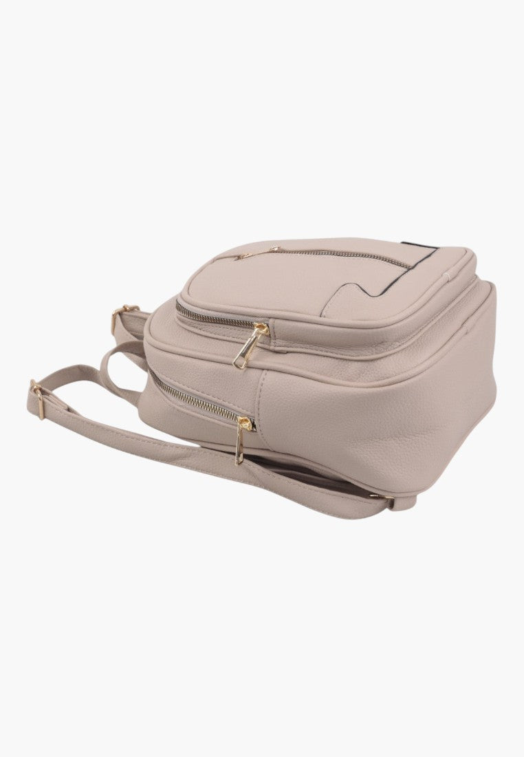 Falio small beige faux leather women's backpack with gold zippers and multiple compartments