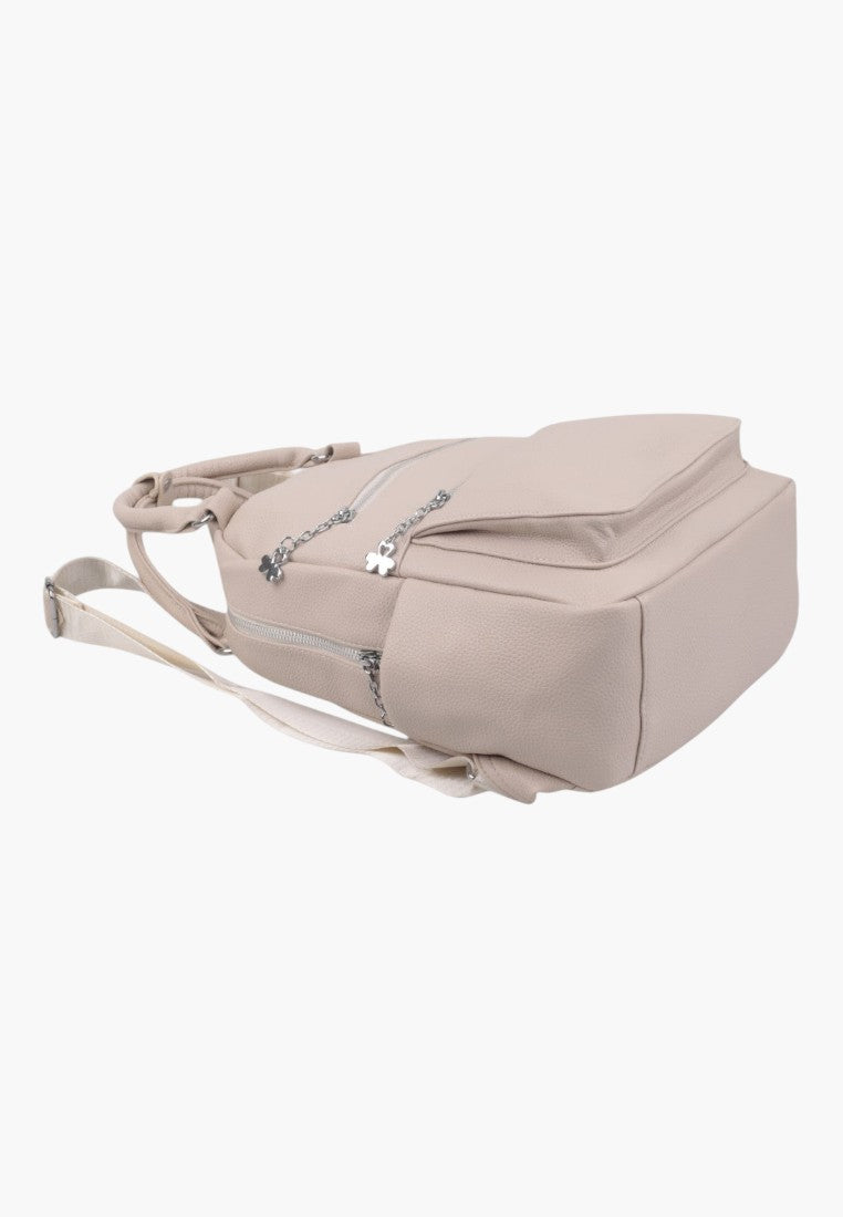 Falio beige faux leather urban backpack with multiple zippered pockets and silver clover-shaped zipper pulls