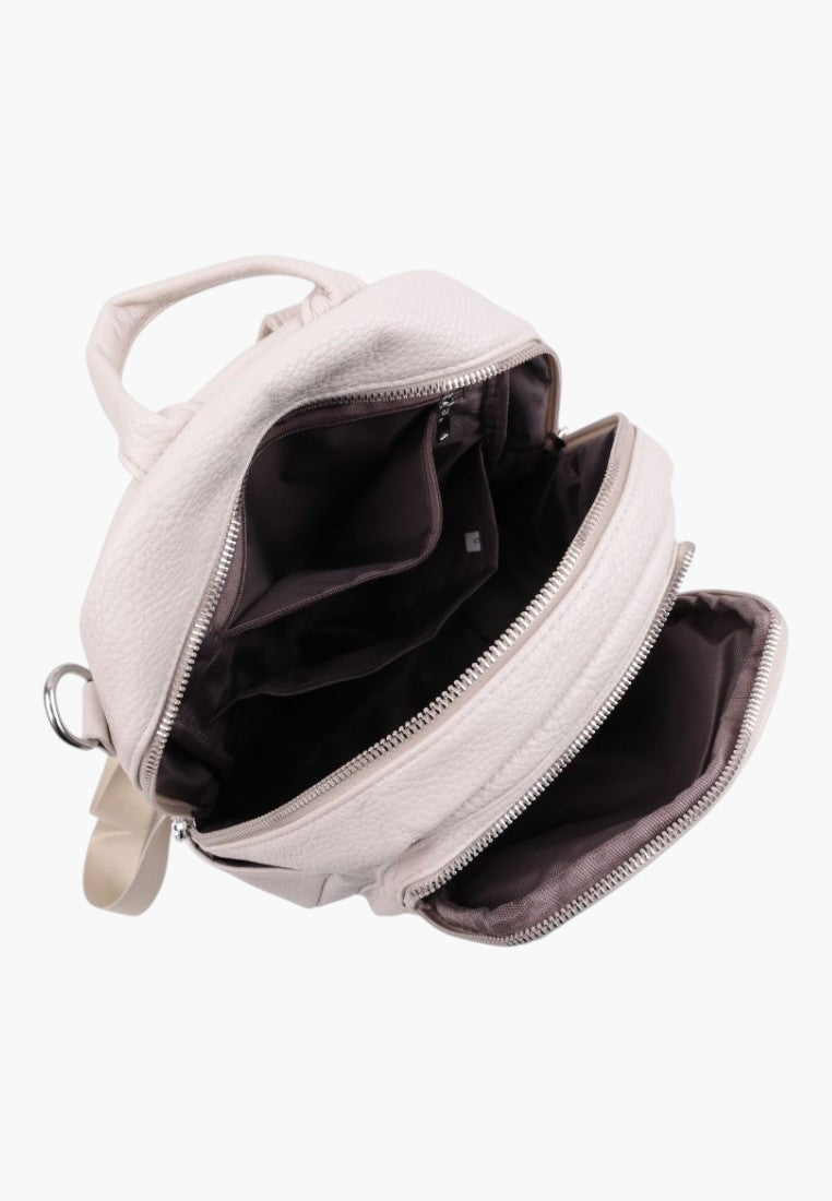 Falio multi-compartment beige faux leather urban backpack with open zippered pockets and fabric lining