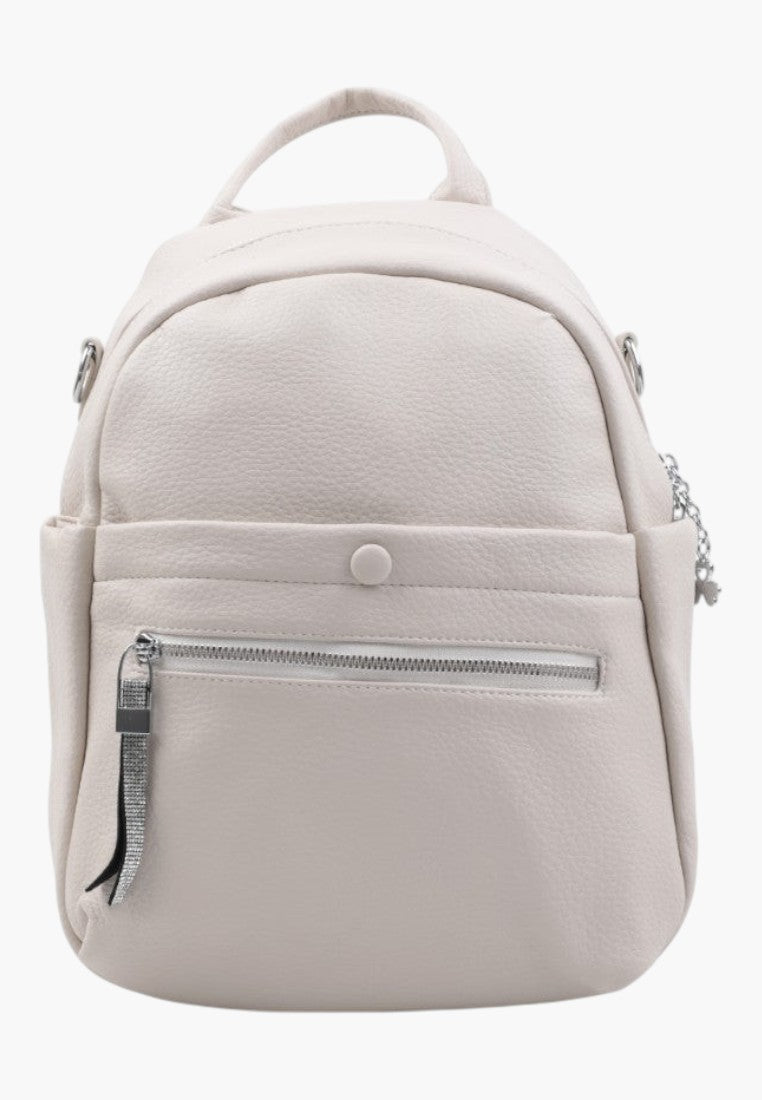 Falio beige faux leather urban backpack with a front zippered pocket and top handle for daily use.