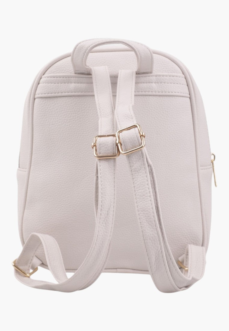 Falio beige faux leather small backpack with adjustable straps and gold-tone hardware, back view