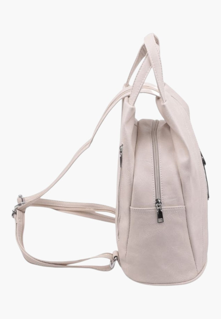 Falio beige faux leather urban backpack with multiple compartments and zipper closure, side view