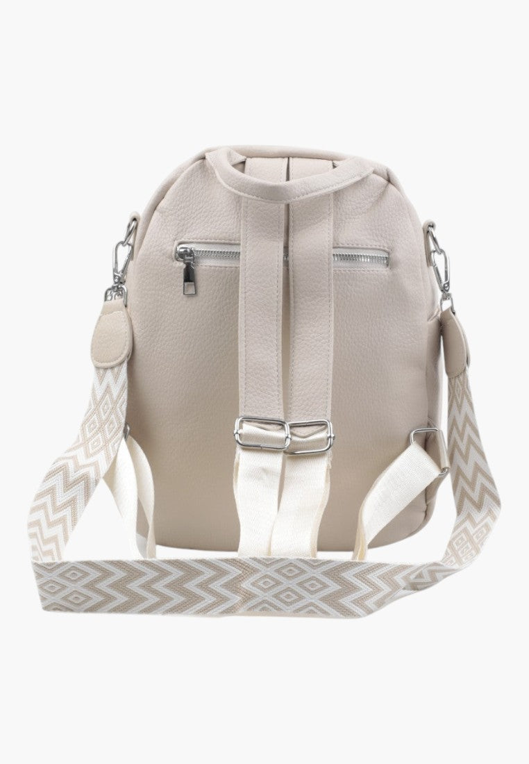 Falio beige faux leather urban backpack with patterned straps and silver zippers, back view