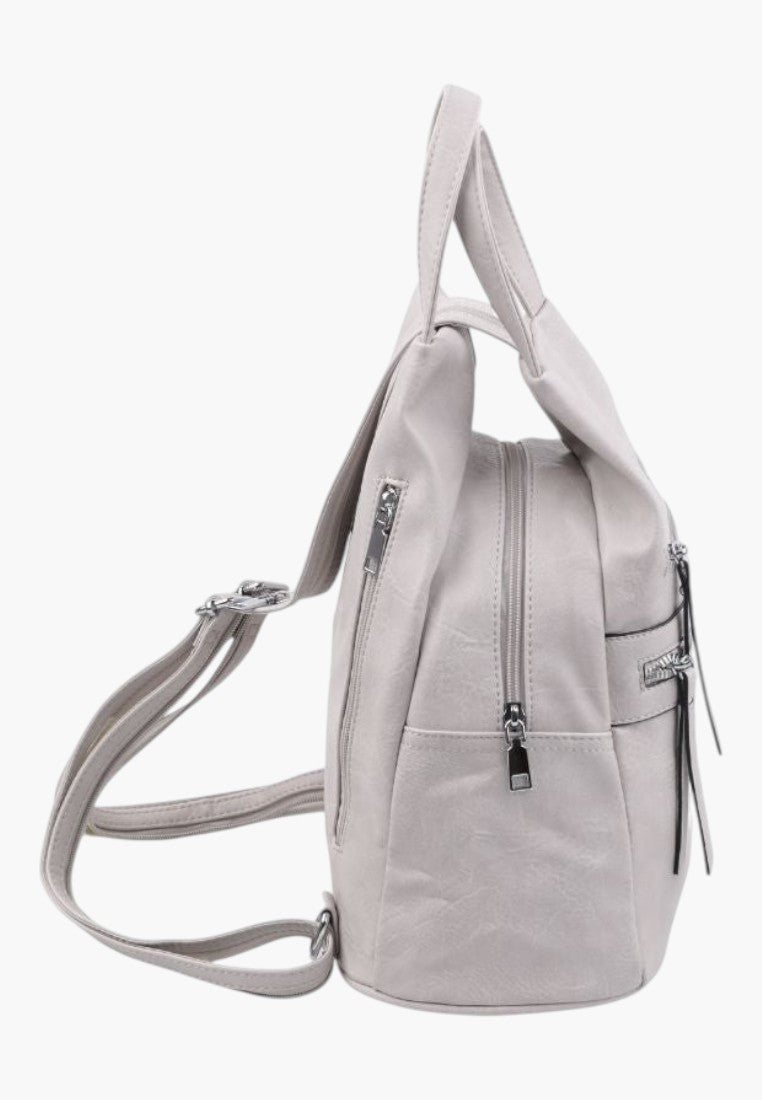 Falio beige faux leather urban backpack with side view showing zippers and adjustable straps