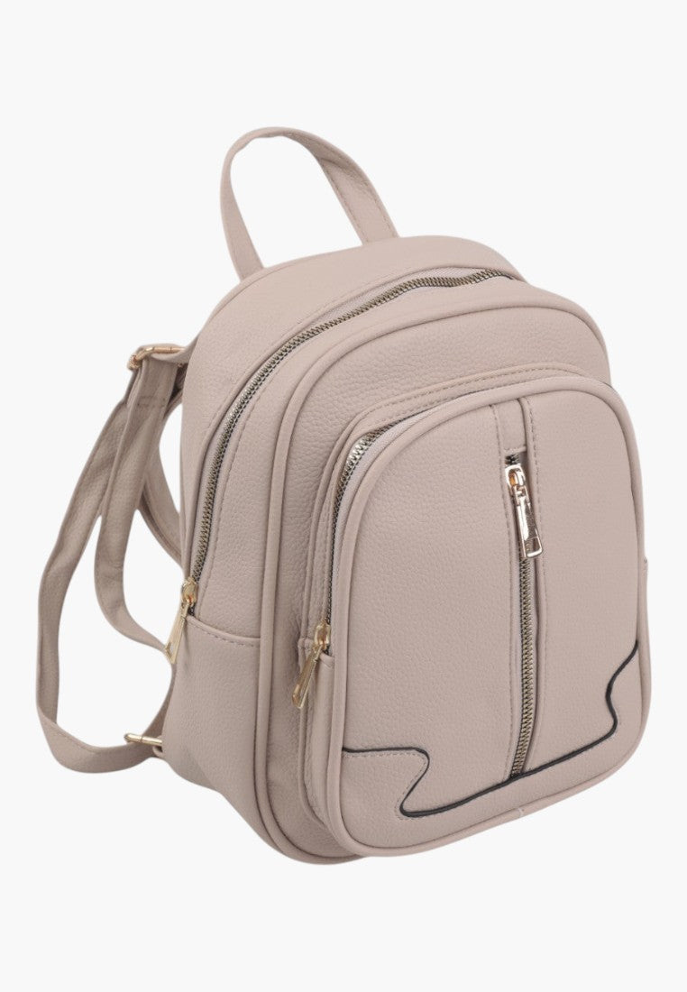 Falio small beige faux leather backpack with multiple zippered pockets and gold hardware for daily urban use
