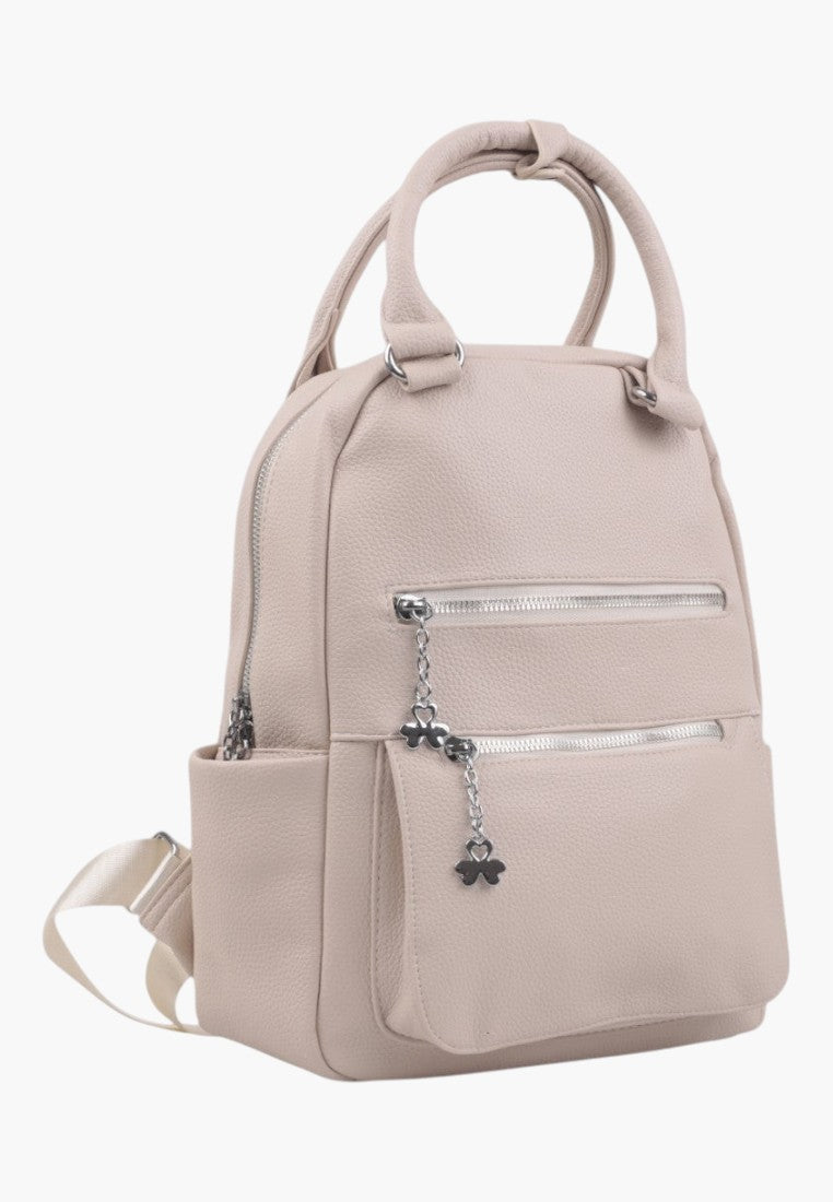 Falio beige faux leather urban backpack with multiple zippered pockets and silver hardware details