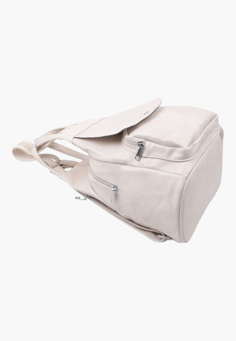 Falio beige faux leather urban backpack with multiple zippered pockets and A4 capacity for daily use