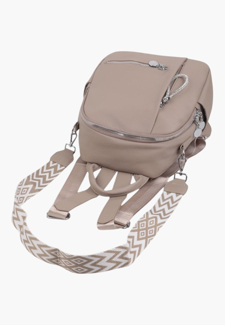 Falio beige faux leather urban backpack with patterned woven straps and silver zipper details