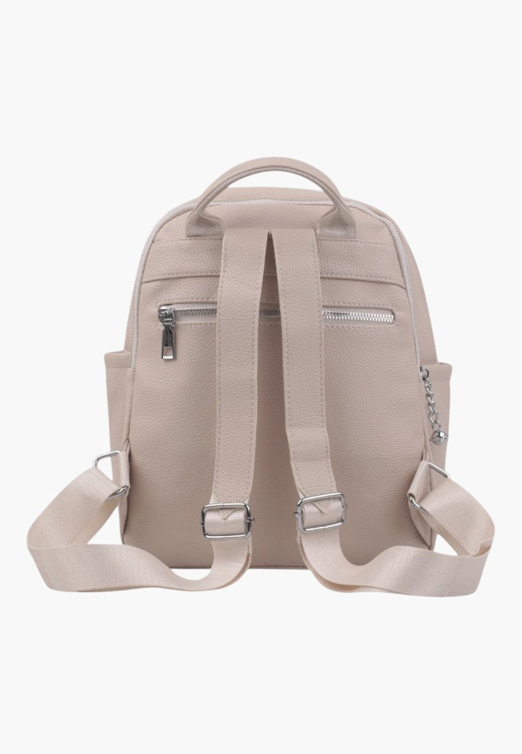 Falio beige faux leather urban backpack with adjustable straps and back zipper pocket, rear view