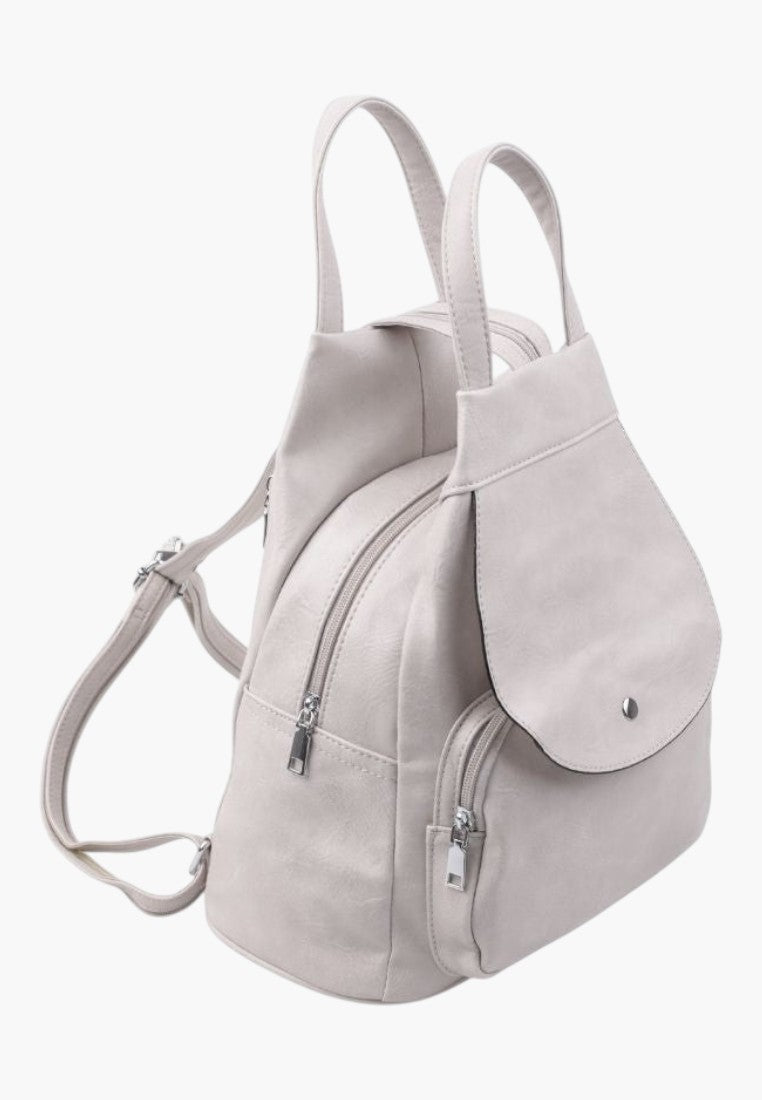 Falio beige faux leather urban backpack with a flap closure, multiple pockets, and A4 capacity for daily use.