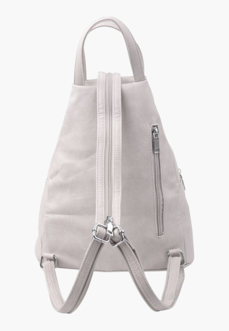 Falio beige faux leather urban backpack with A4 capacity, featuring adjustable straps and a secure zippered back pocket.