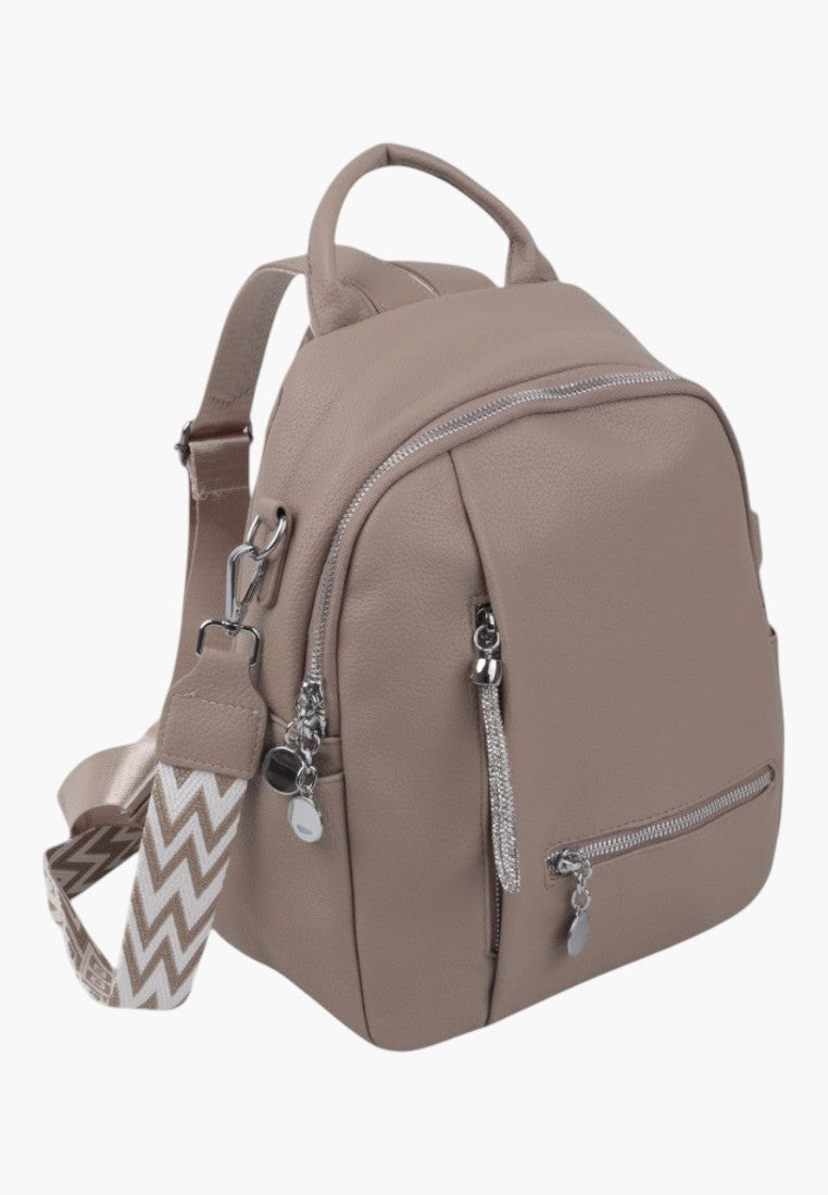 Falio beige faux leather urban backpack with a patterned strap and silver zipper details