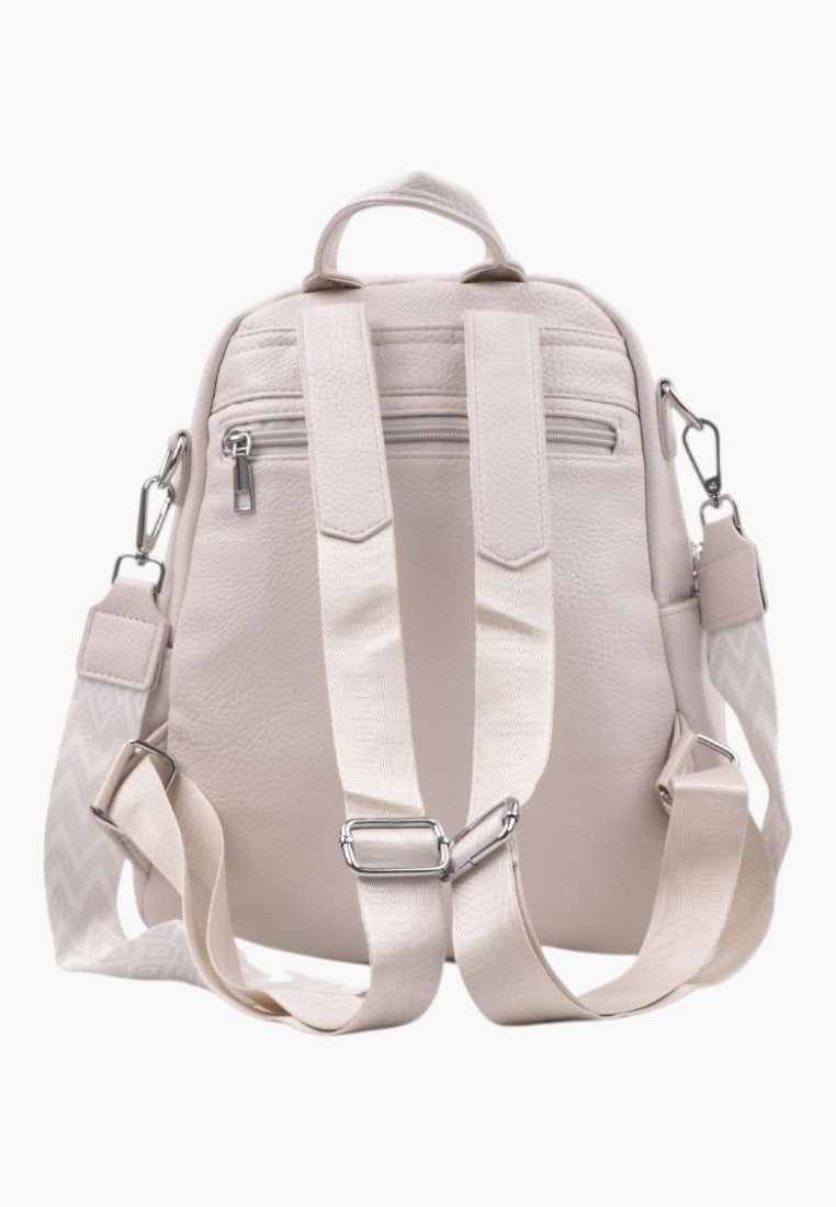 Falio women's beige faux leather urban backpack with adjustable patterned straps and back zipper pocket