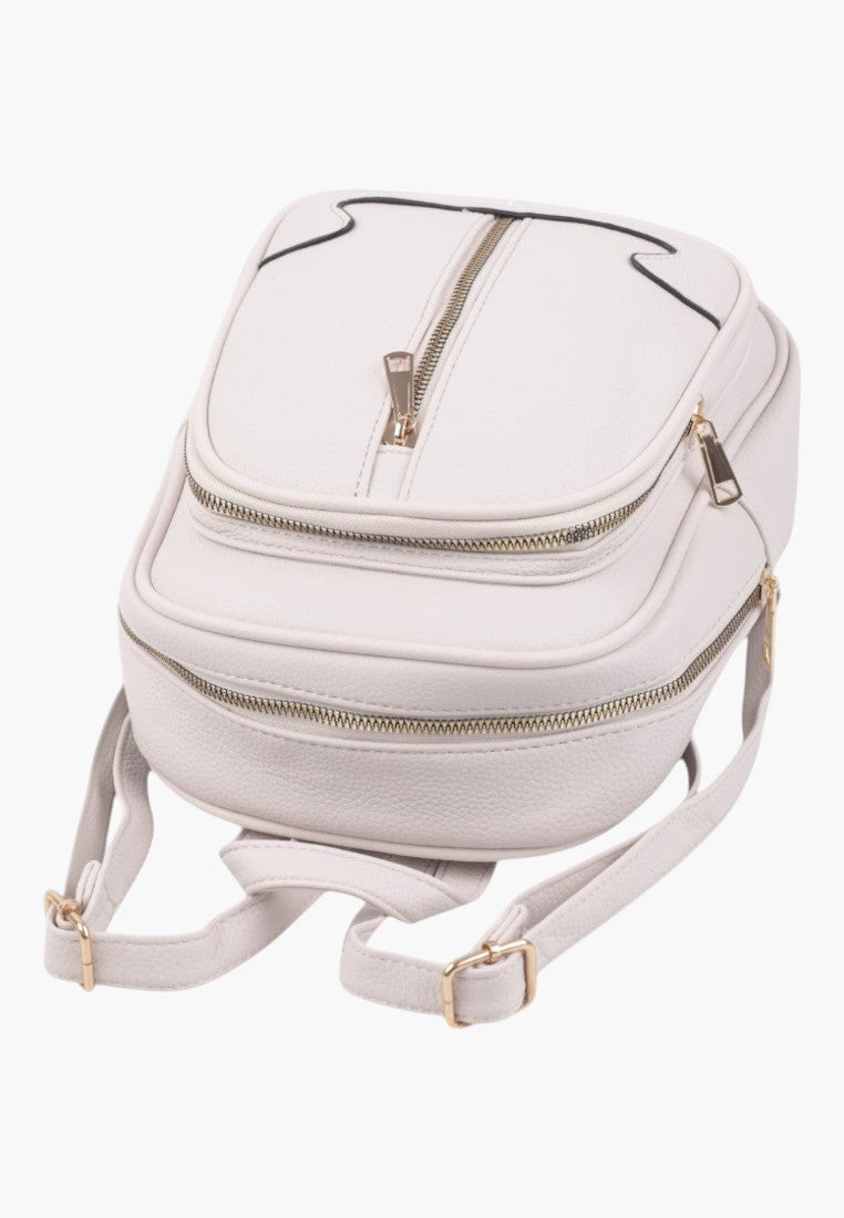 Falio small beige faux leather backpack with gold zippers and multiple compartments for daily urban use