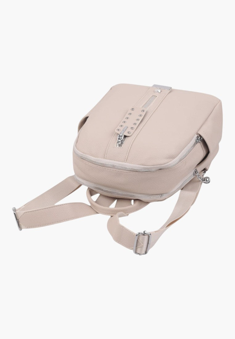 Falio beige faux leather urban backpack with silver stud details and zippered compartments