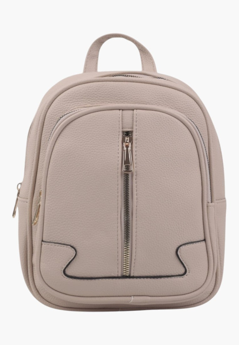 Falio small beige faux leather backpack with a front vertical zipper pocket and top handle for urban style.