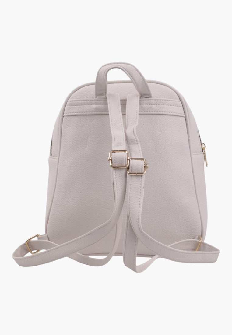 Falio beige faux leather small city backpack with adjustable straps and gold-tone hardware, back view