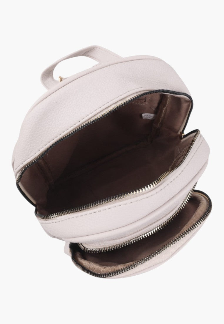 Falio small beige faux leather backpack with multiple zippered compartments and a top handle