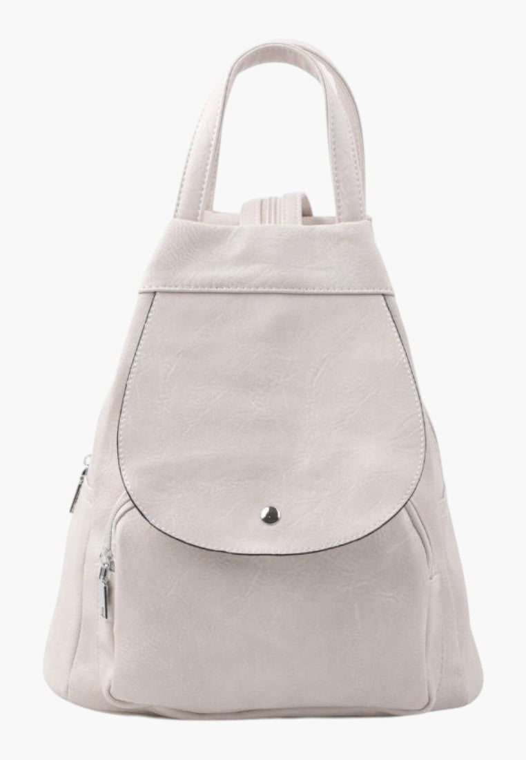 Falio beige faux leather A4 urban backpack with a flap closure, top handle, and multiple zippered pockets