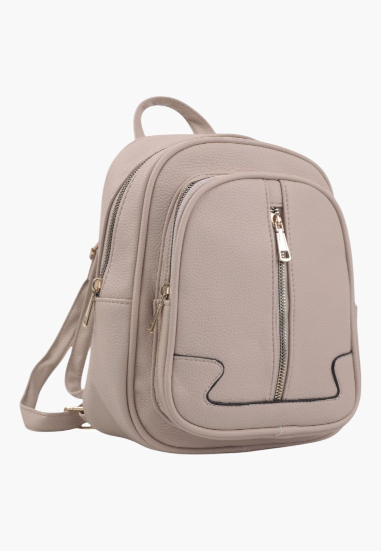 Falio small beige faux leather backpack with multiple zippered compartments for daily urban use
