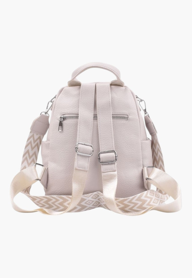 Falio beige faux leather urban backpack with patterned adjustable straps and multiple zippered pockets