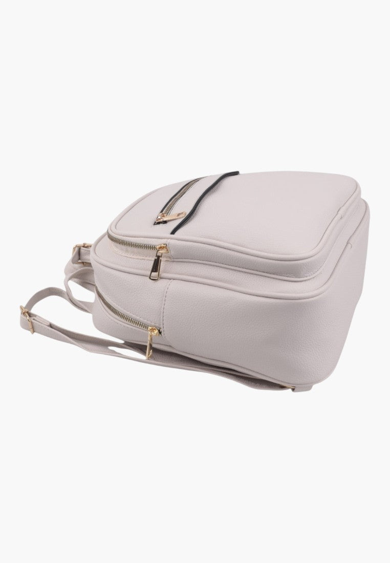 Falio beige faux leather city backpack with gold zippers, featuring a compact design and multiple storage pockets.