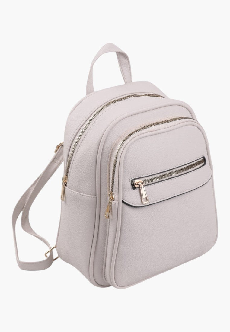 Falio beige faux leather small city backpack with multiple zippered compartments and adjustable straps