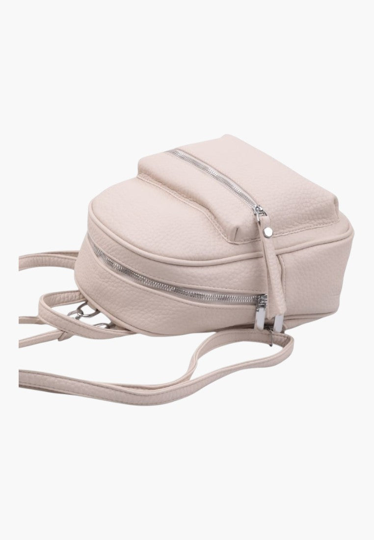 Falio small beige faux leather city backpack with silver zippers and multiple compartments