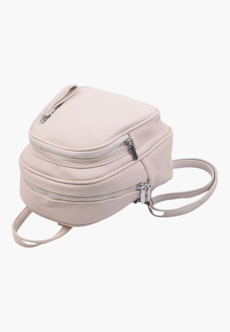 Falio small beige faux leather city backpack with multiple zippered compartments and adjustable straps