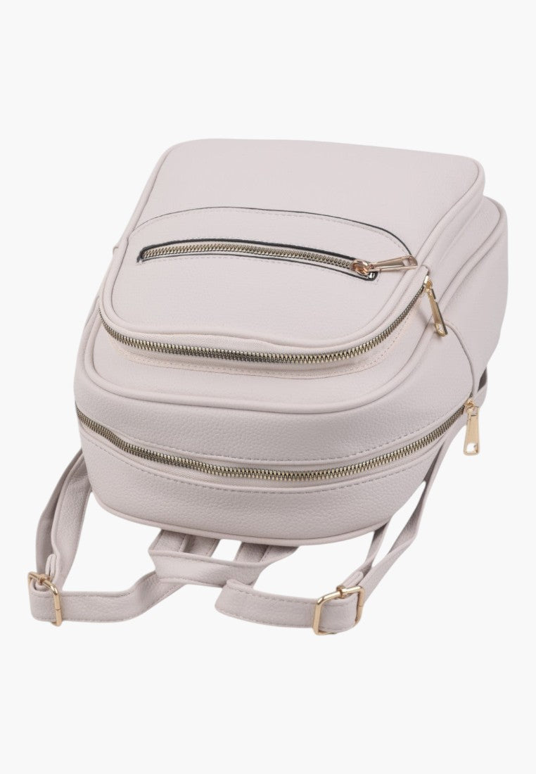 Falio small beige faux leather city backpack with multiple zippered compartments and gold-tone hardware