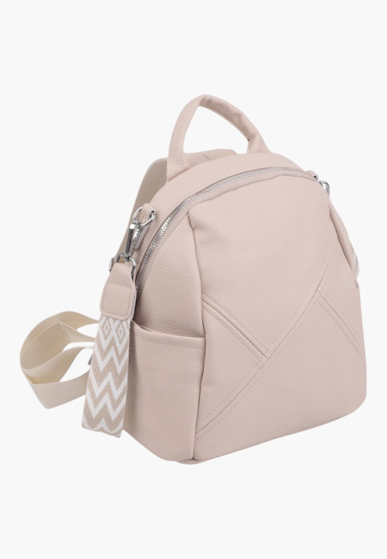 Falio small beige faux leather city backpack with a patterned strap and silver zipper details