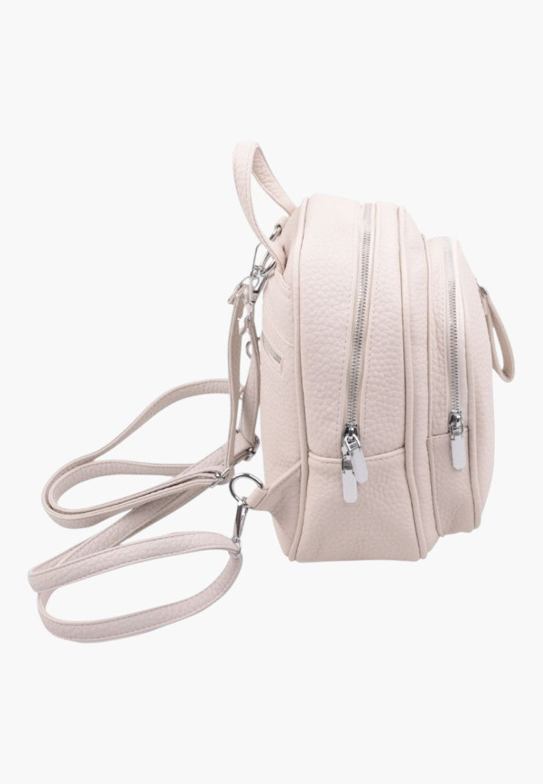 Falio small beige faux leather city backpack with multiple zippered compartments and adjustable straps